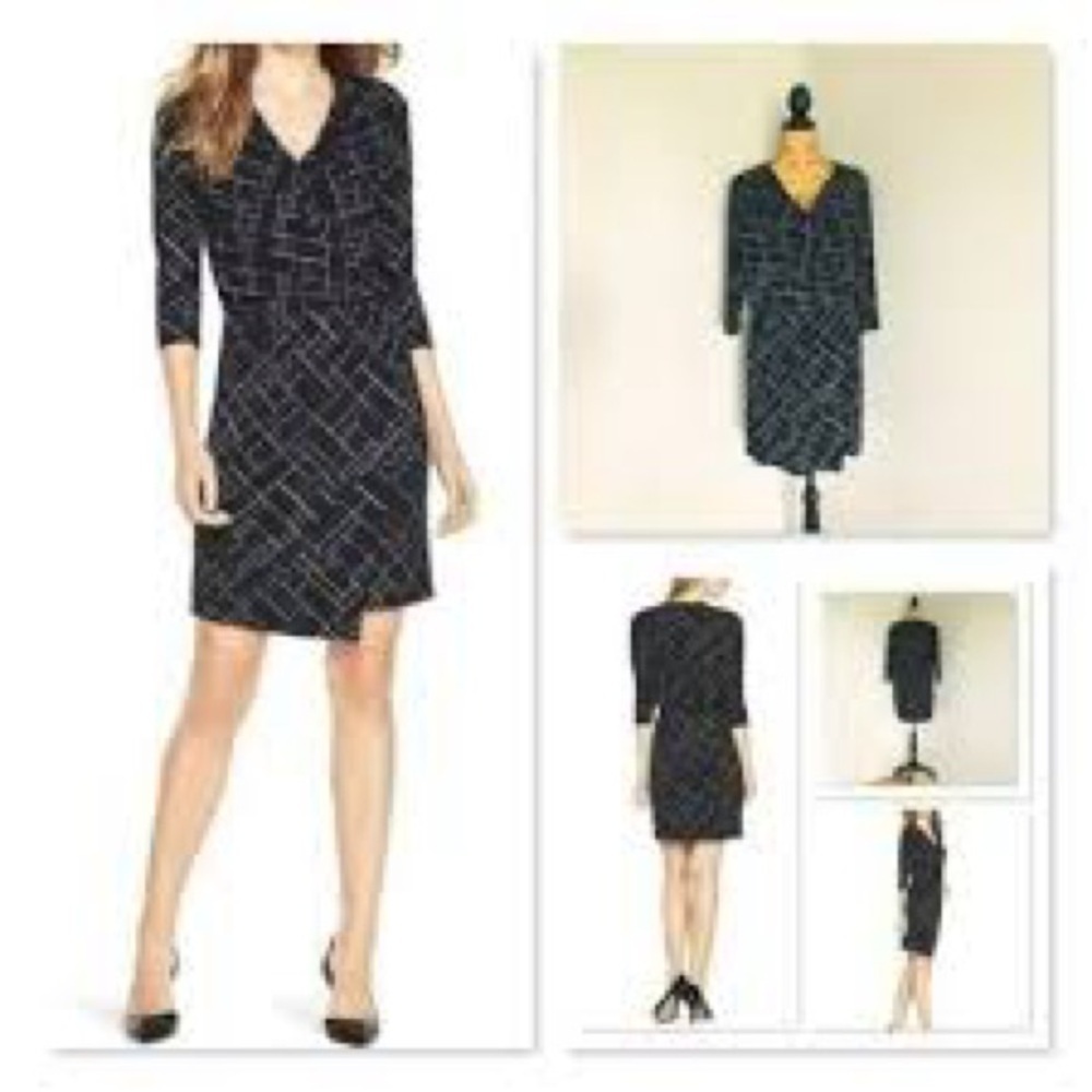 White House Black Market Black & Blue Geometric Print Faux Wrap Dress Size M - Picture 2 of 8